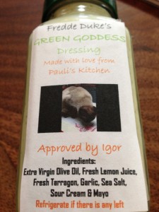 Pauli's personalized labeled jar of Green Goddess dressing with pic of Igor